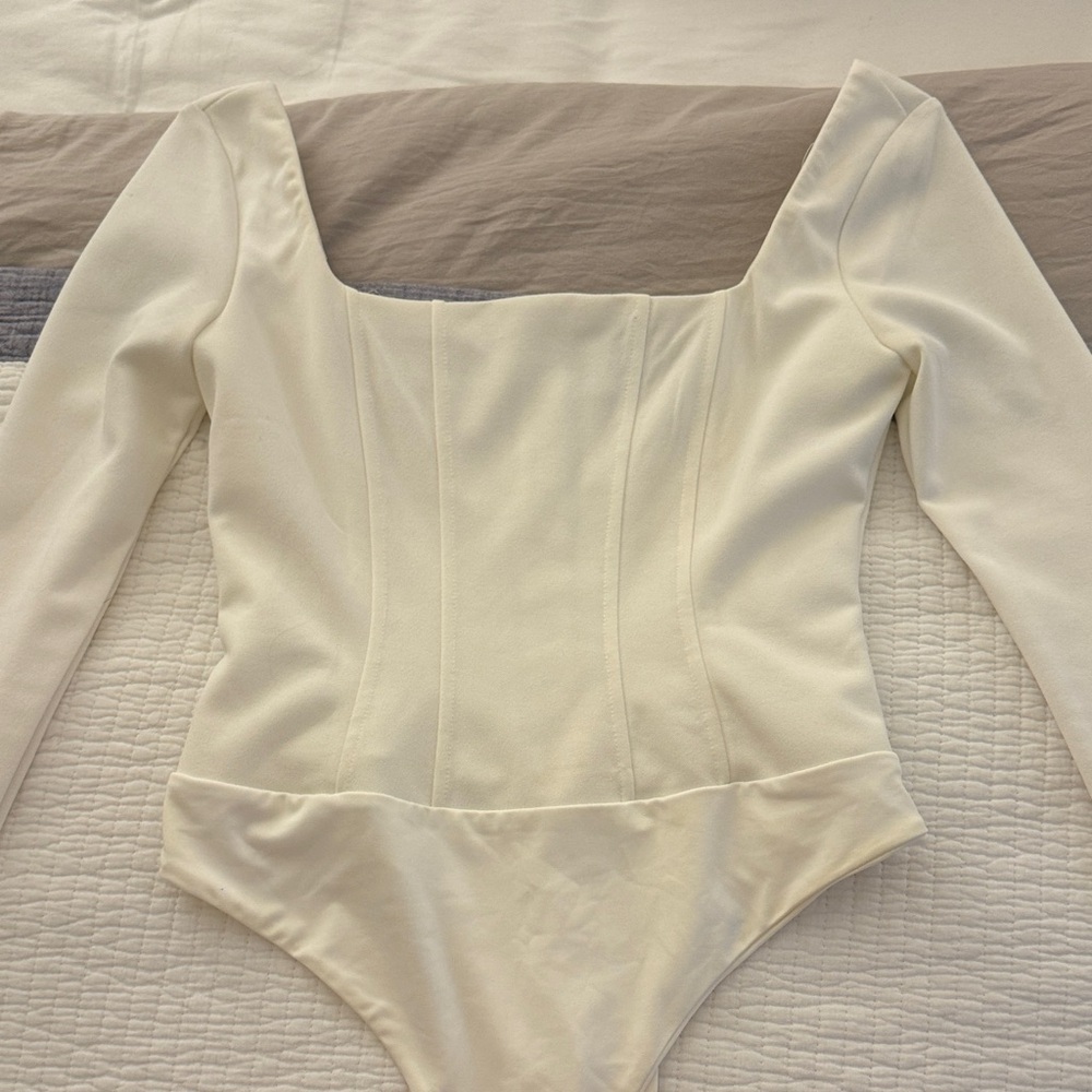 Princess Polly Cream white bodysuit long sleeve corset look